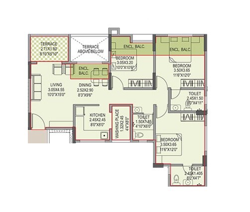 Floor plan of 3 BHK 818 Sq. Ft. Apartment in Grande View 7 Phase 1, Pune