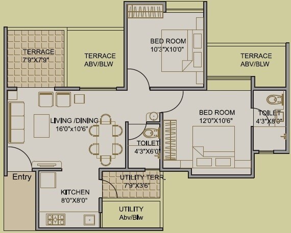 Floor plan of 2 BHK 504 Sq. Ft. Apartment in Gravity Austin Plaza, Pune