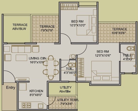 Floor plan of 2 BHK 567 Sq. Ft. Apartment in Gravity Austin Plaza, Pune