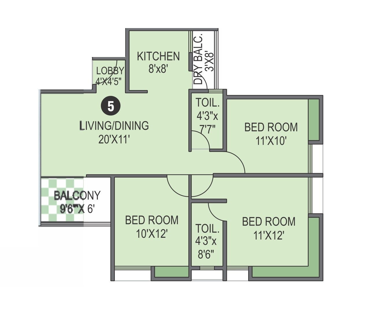 3 BHK 800 Sq. Ft. Apartment