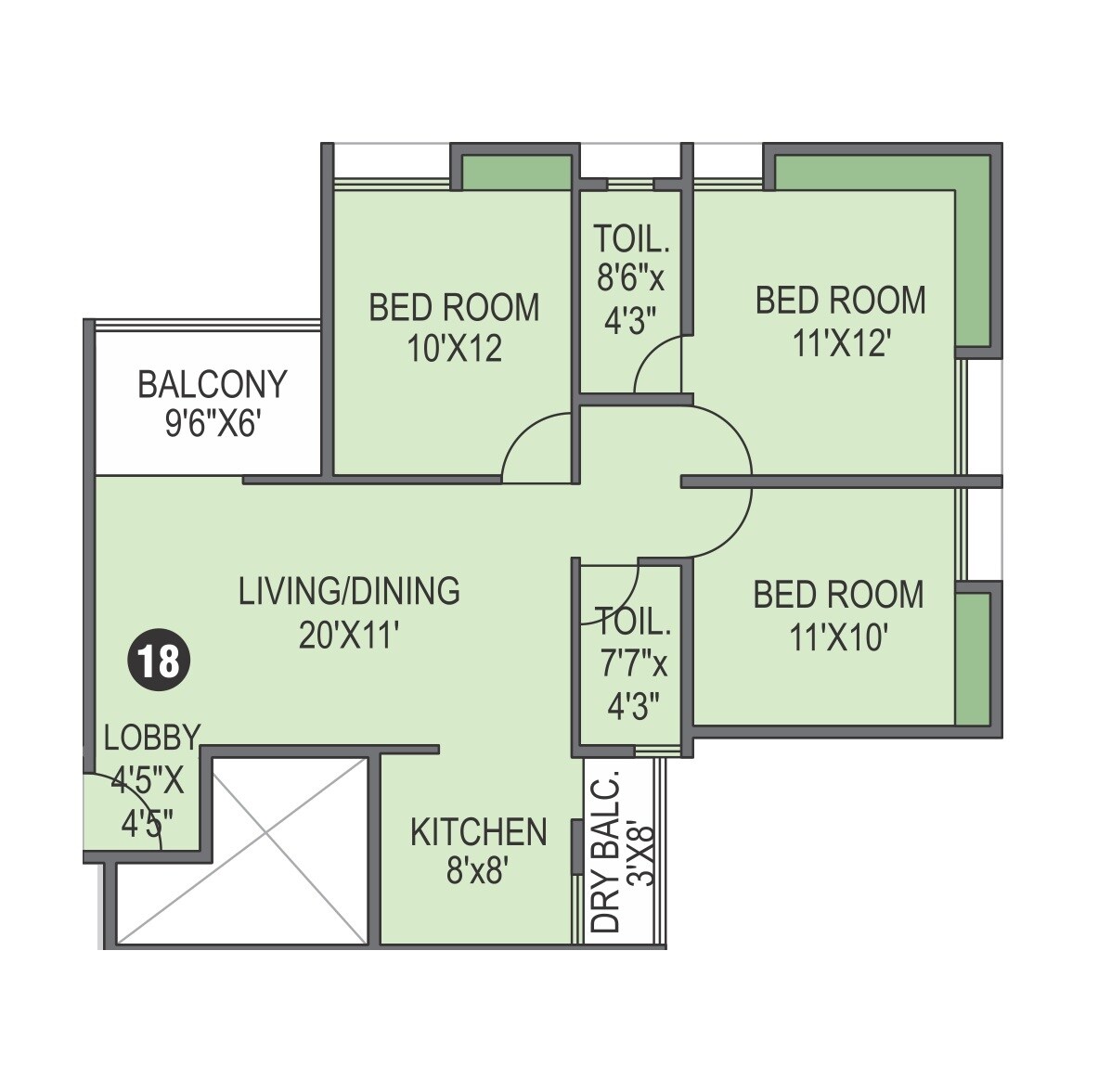 3 BHK 809 Sq. Ft. Apartment