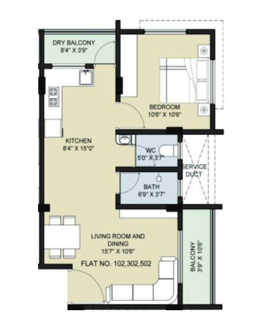 Floor plan of 1 BHK 529 Sq. Ft. Apartment in GRG Spring Valley, Pune