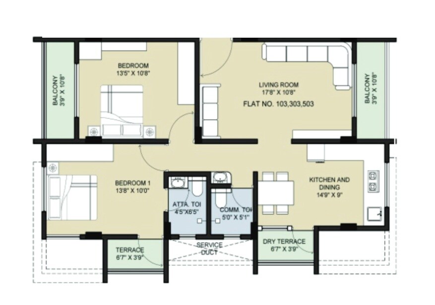 Floor plan of 2 BHK 869 Sq. Ft. Apartment in GRG Spring Valley, Pune