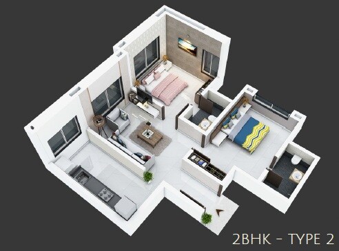 Floor plan of 2 BHK 523 Sq. Ft. Apartment in Griad Nest, Pune
