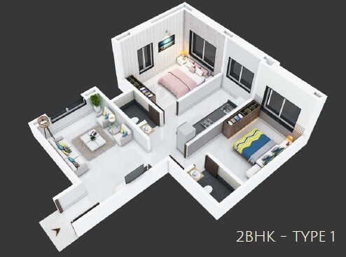 Floor plan of 2 BHK 586 Sq. Ft. Apartment in Griad Nest, Pune
