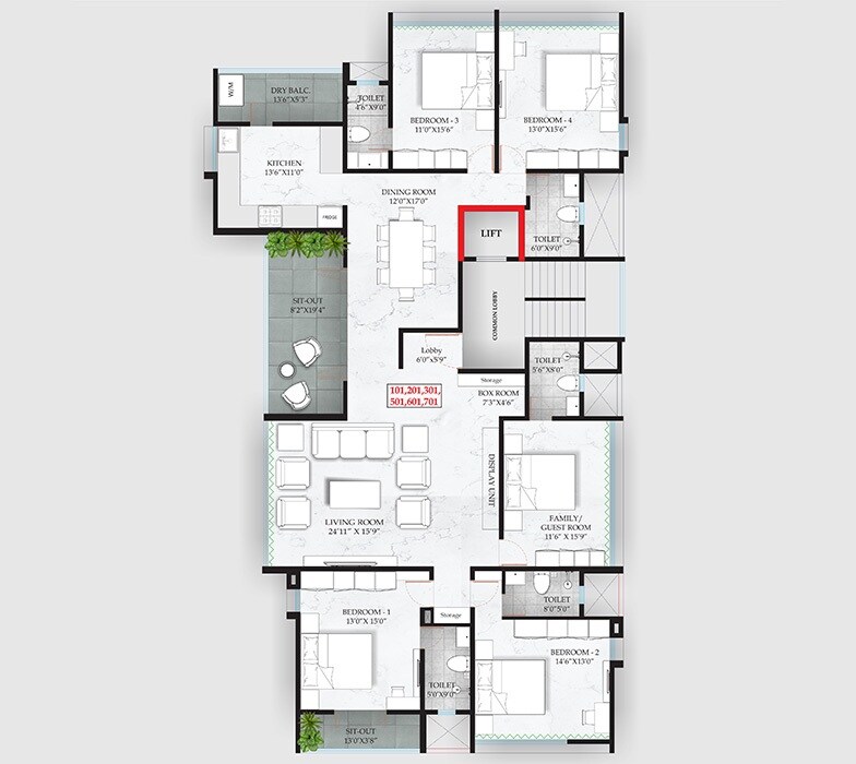 Floor plan of 4 BHK 2487 Sq. Ft. Apartment in Gruha Townscapes, Pune