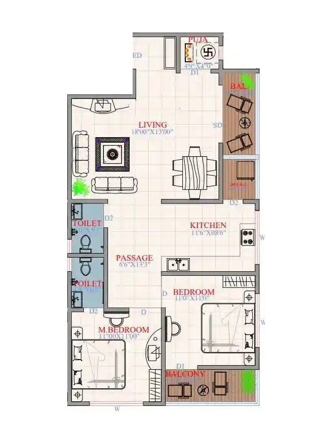 Floor plan of 2 BHK 817 Sq. Ft. Apartment in Gruhpurti Aaradhya, Pune