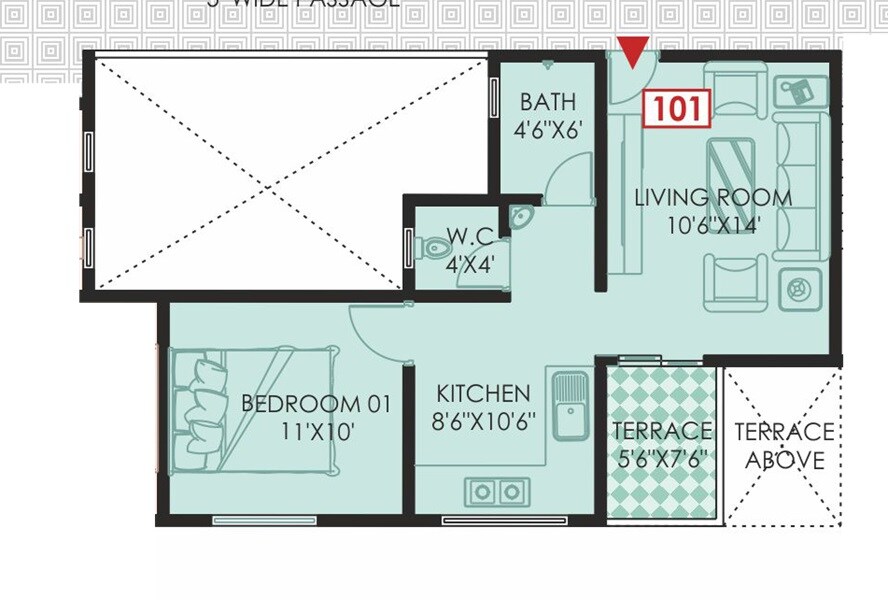 Floor plan of 1 BHK 436 Sq. Ft. Apartment in GS Aarohan Residency, Pune