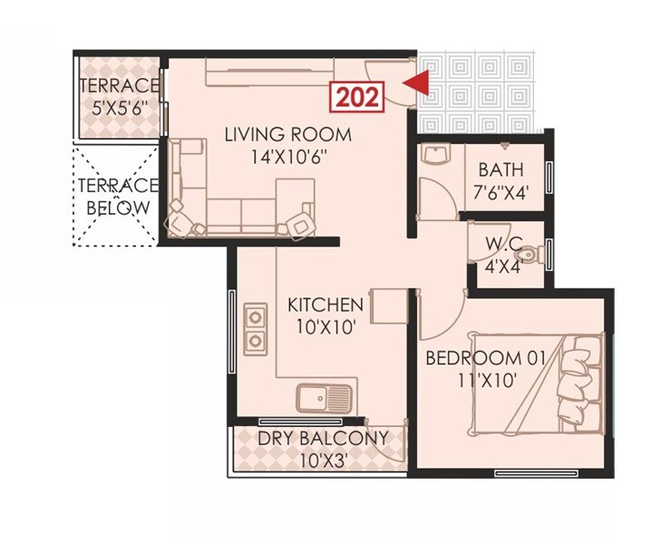 Floor plan of 1 BHK 483 Sq. Ft. Apartment in GS Aarohan Residency, Pune