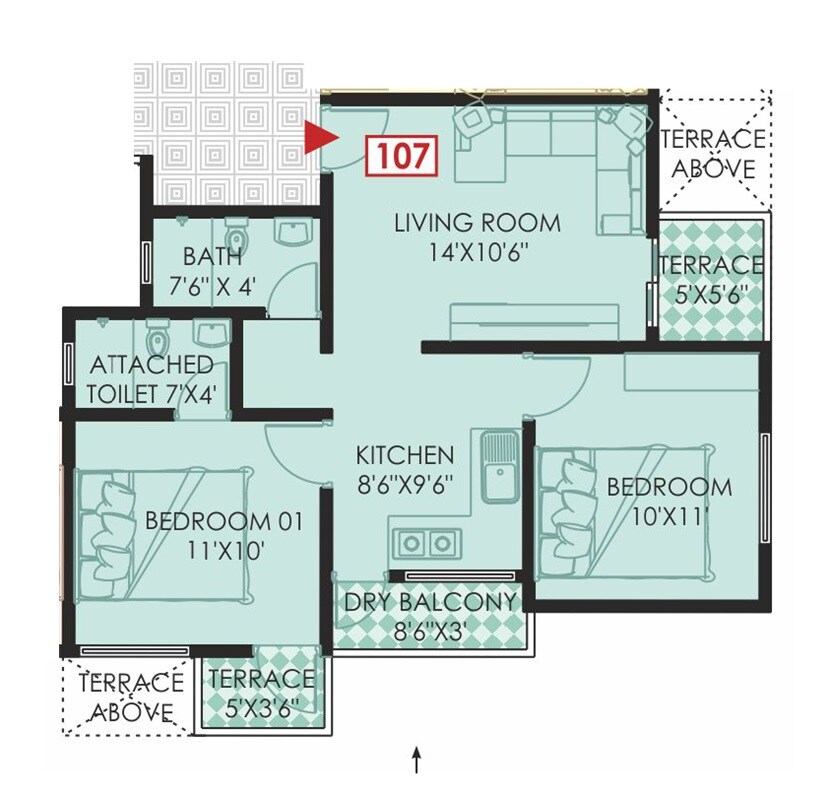 Floor plan of 2 BHK 574 Sq. Ft. Apartment in GS Aarohan Residency, Pune