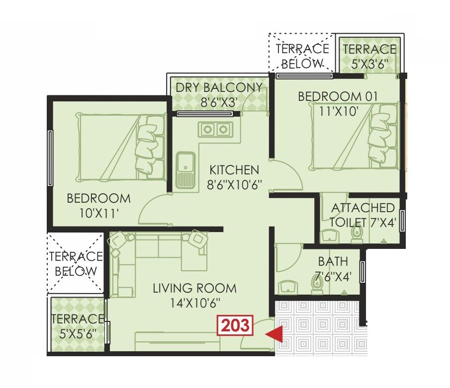 Floor plan of 2 BHK 605 Sq. Ft. Apartment in GS Aarohan Residency, Pune