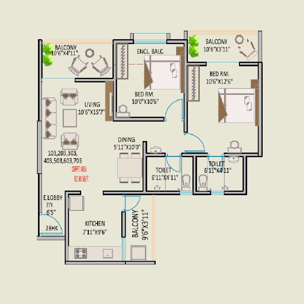 2 BHK 821 Sq. Ft. Apartment in GS Palaash Enlite