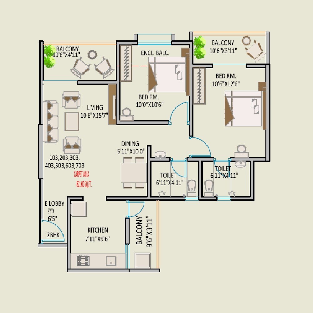 Floor plan of 2 BHK 821 Sq. Ft. Apartment in GS Palaash Enlite, Pune
