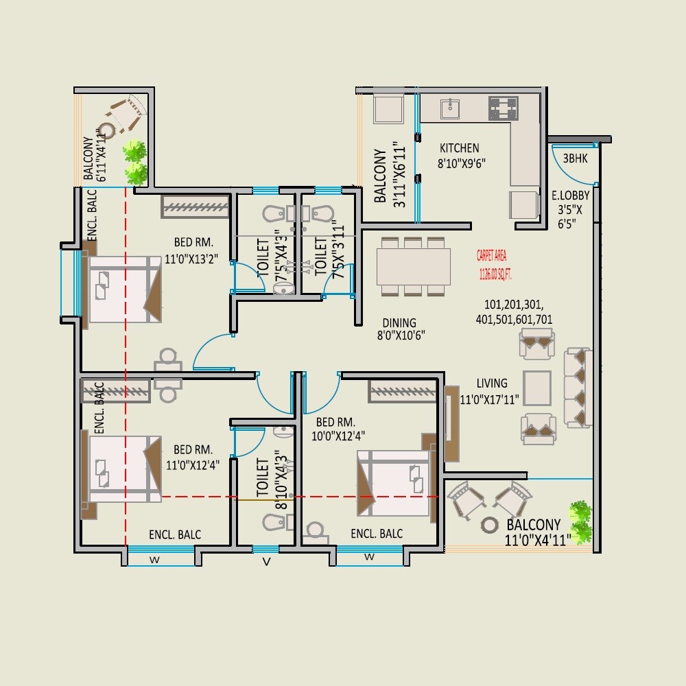 Floor plan of 3 BHK 1126 Sq. Ft. Apartment in GS Palaash Enlite, Pune