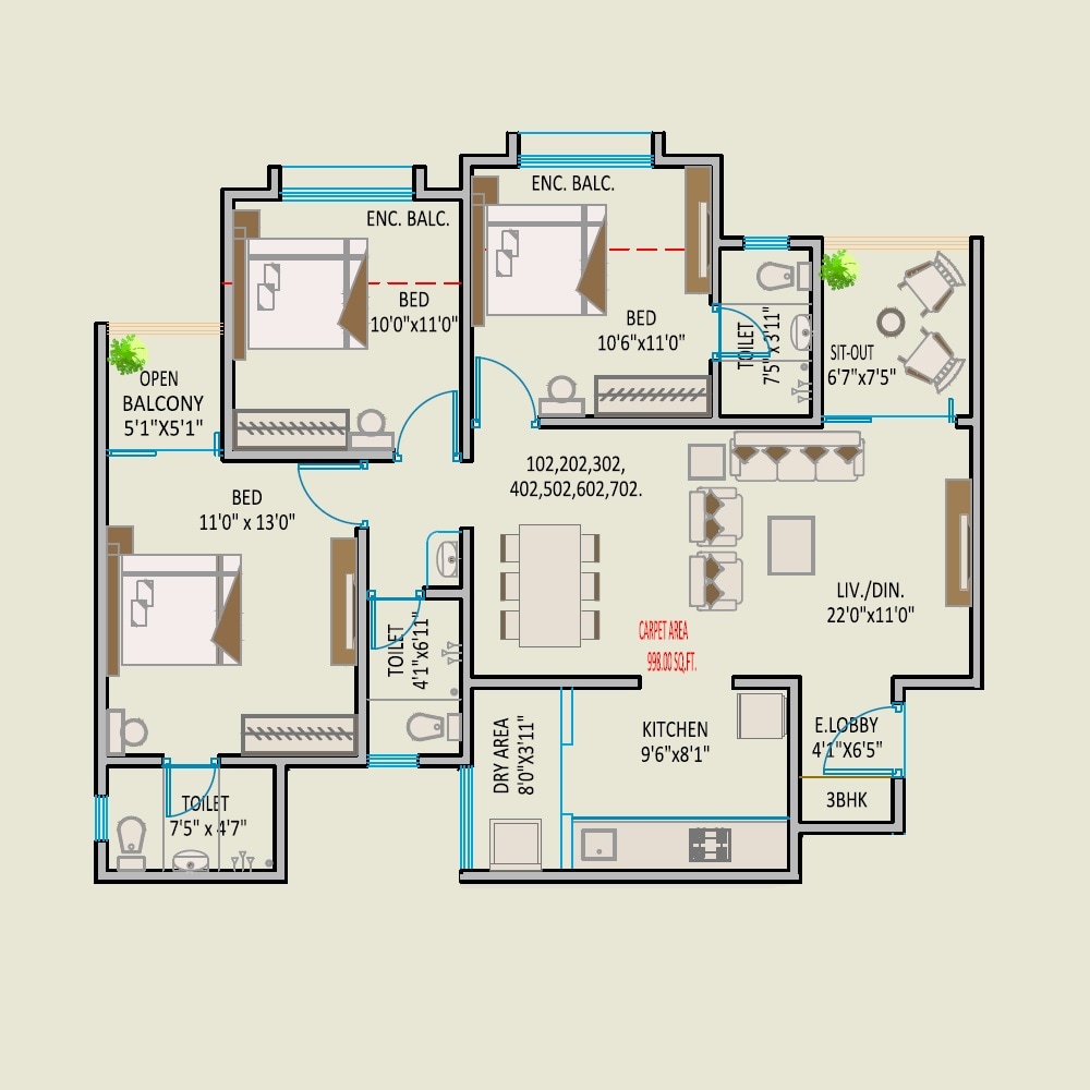 Floor plan of 3 BHK 998 Sq. Ft. Apartment in GS Palaash Enlite, Pune