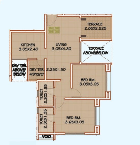 Floor plan of 2 BHK 606 Sq. Ft. Apartment in GS Sai Sneh, Pune