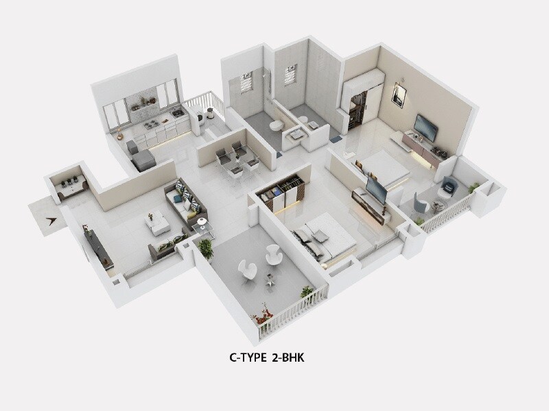 Floor plan of 2 BHK 728 Sq. Ft. Apartment in Guardian Cityscapes, Pune