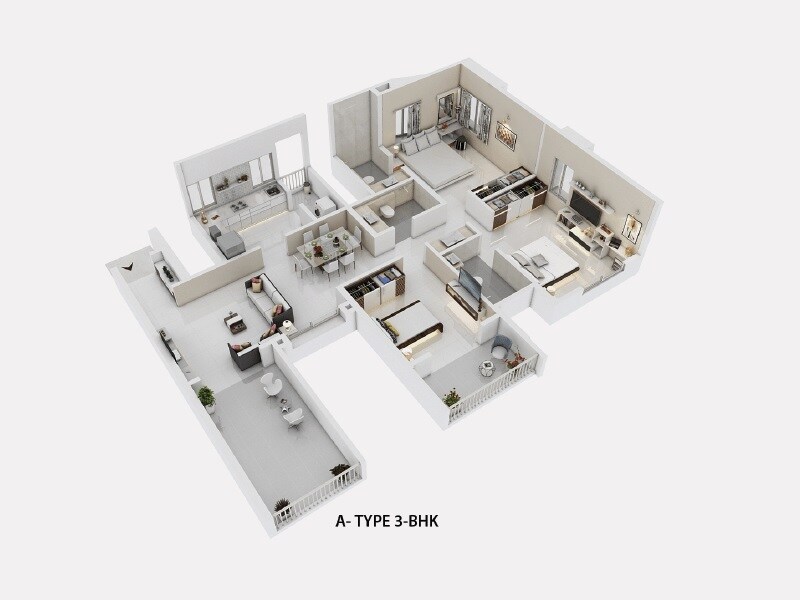 Floor plan of 3 BHK 978 Sq. Ft. Apartment in Guardian Cityscapes, Pune