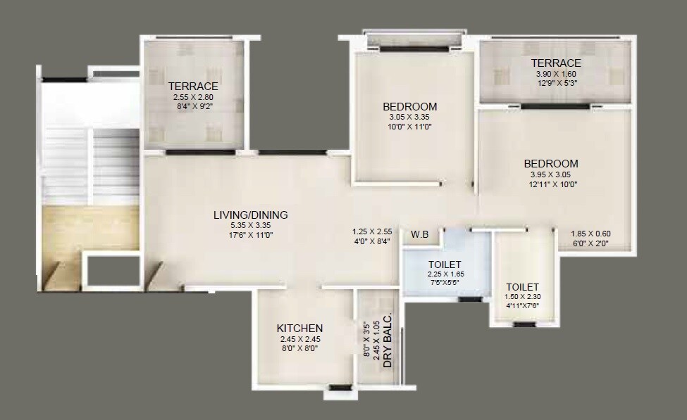 Floor plan of 2 BHK 565 Sq. Ft. Apartment in Guardian Eastern Meadows, Pune