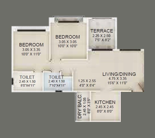 Floor plan of 2 BHK 581 Sq. Ft. Apartment in Guardian Eastern Meadows, Pune