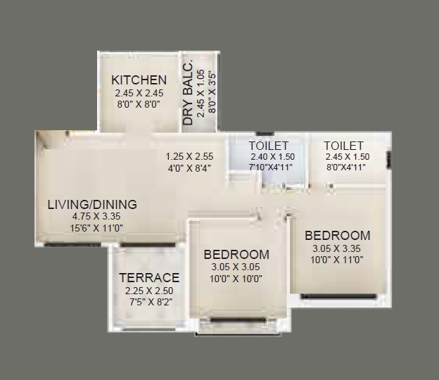 Floor plan of 2 BHK 594 Sq. Ft. Apartment in Guardian Eastern Meadows, Pune
