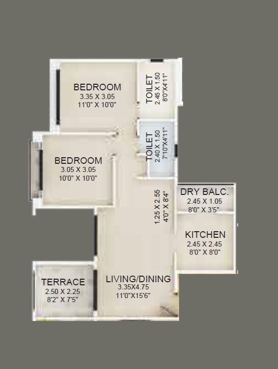 Floor plan of 2 BHK 601 Sq. Ft. Apartment in Guardian Eastern Meadows, Pune