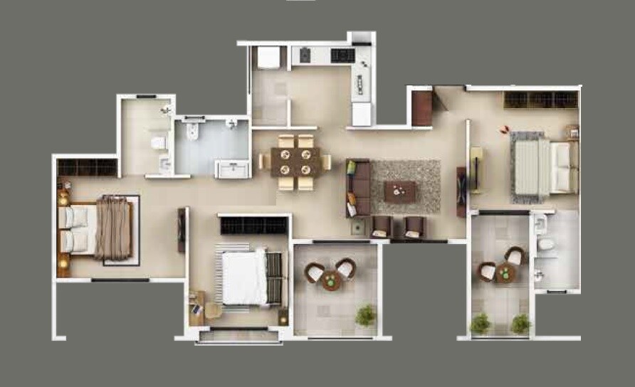 Floor plan of 3 BHK 747 Sq. Ft. Apartment in Guardian Eastern Meadows, Pune