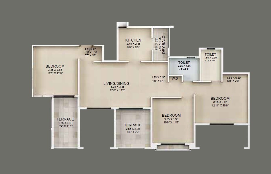 Floor plan of 3 BHK 823 Sq. Ft. Apartment in Guardian Eastern Meadows, Pune