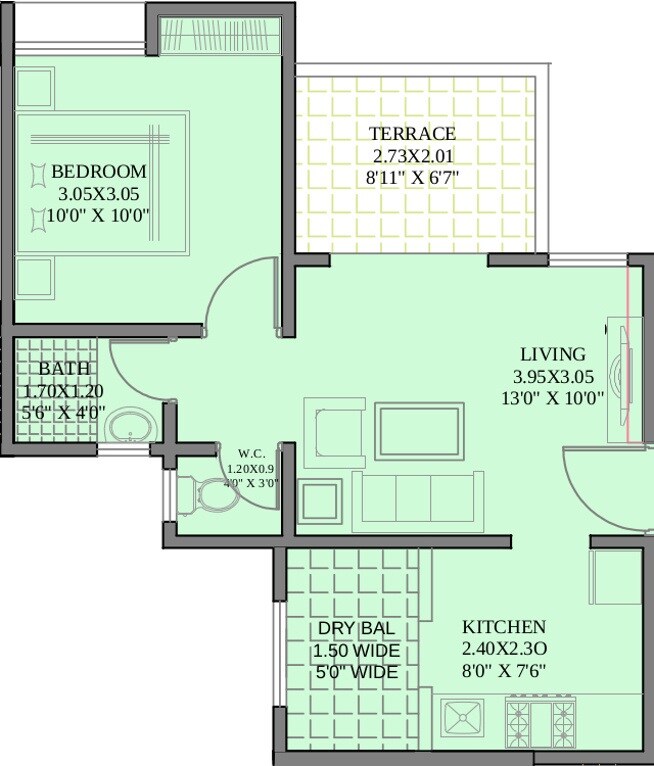 Floor plan of 1 BHK 331 Sq. Ft. Apartment in Guardian Wind Shire, Pune