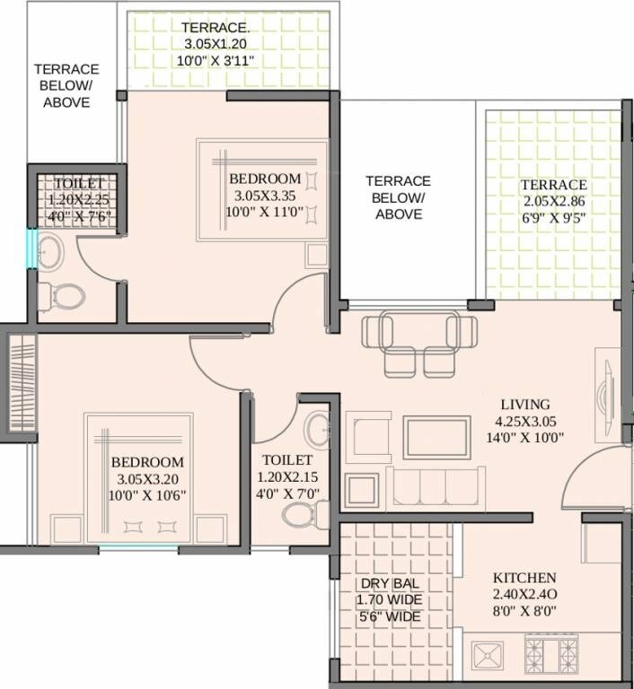 Floor plan of 2 BHK 443 Sq. Ft. Apartment in Guardian Wind Shire, Pune
