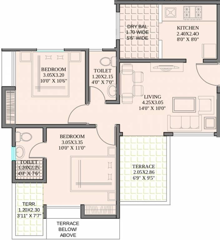 Floor plan of 2 BHK 448 Sq. Ft. Apartment in Guardian Wind Shire, Pune