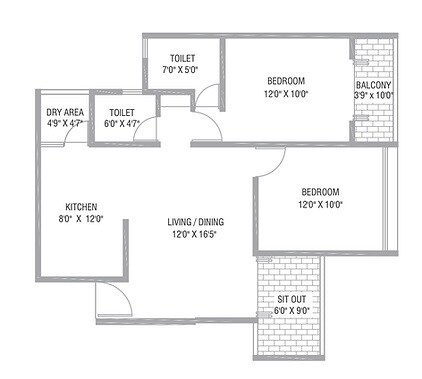 Floor plan of 2 BHK 756 Sq. Ft. Apartment in Guddwill Elate, Pune