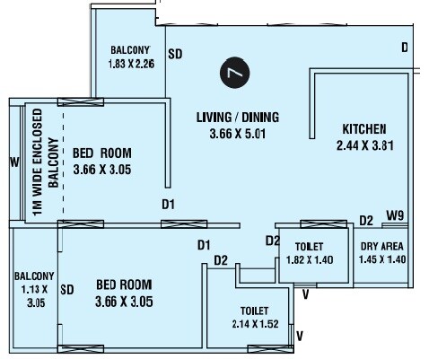 Floor plan of 2 BHK 806 Sq. Ft. Apartment in Guddwill Elate, Pune