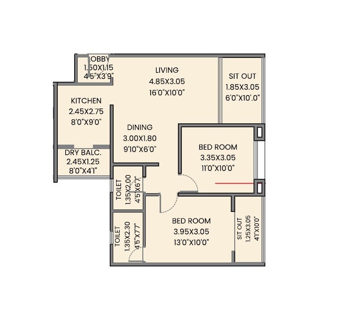 Floor plan of 2 BHK 807 Sq. Ft. Apartment in Gulmohar Esteban, Pune