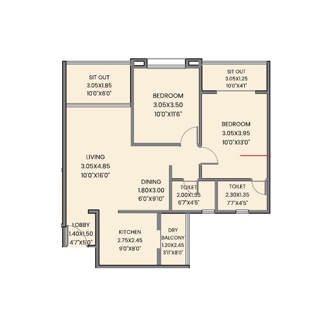 Floor plan of 2 BHK 820 Sq. Ft. Apartment in Gulmohar Esteban, Pune