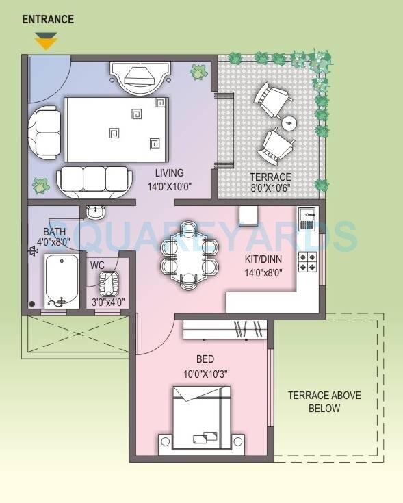 Floor plan of 1 BHK 810 Sq. Ft. Apartment in Gulmohar Garden, Pune