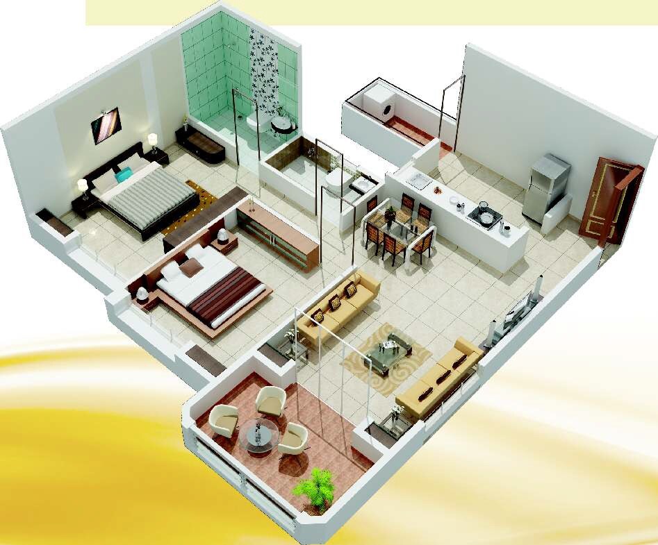 Floor plan of 2 BHK 1044 Sq. Ft. Apartment in Gulmohar Goldcoast, Pune