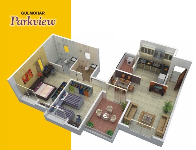 Floor plan of 2 BHK 1169 Sq. Ft. Apartment in Gulmohar Parkview, Pune