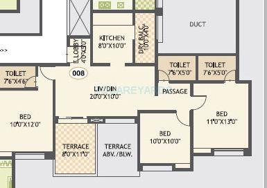 Floor plan of 3 BHK 1002 Sq. Ft. Apartment in Guardian Hill Shire, Pune