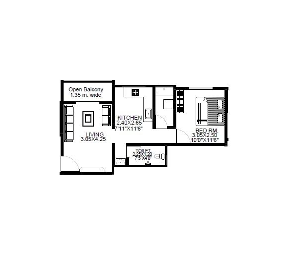 Floor plan of 1 BHK 412 Sq. Ft. Apartment in Guru BVM Flora, Pune