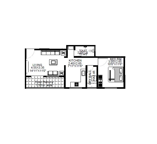 Floor plan of 2 BHK 428 Sq. Ft. Apartment in Guru BVM Flora, Pune