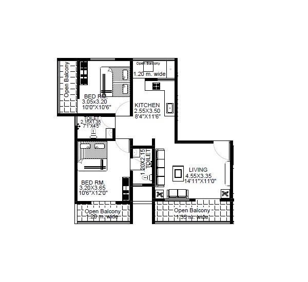 Floor plan of 2 BHK 606 Sq. Ft. Apartment in Guru BVM Flora, Pune