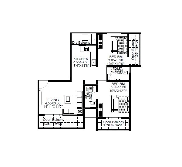 Floor plan of 2 BHK 612 Sq. Ft. Apartment in Guru BVM Flora, Pune