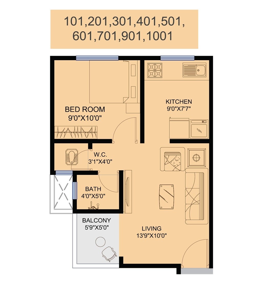 Floor plan of 1 BHK 394 Sq. Ft. Apartment in Gurudatta Gulmohar City, Pune