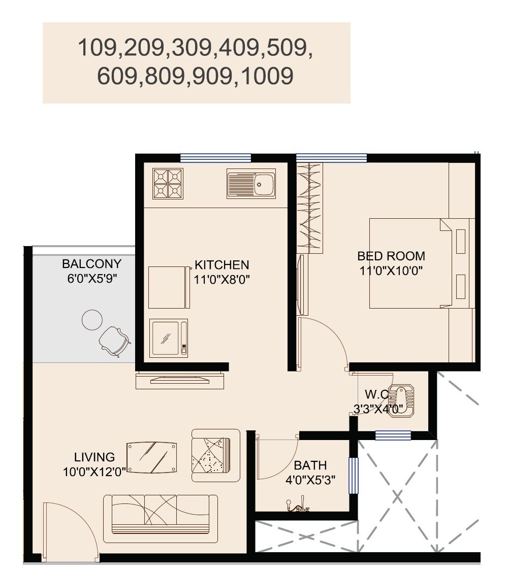 Floor plan of 1 BHK 429 Sq. Ft. Apartment in Gurudatta Gulmohar City, Pune