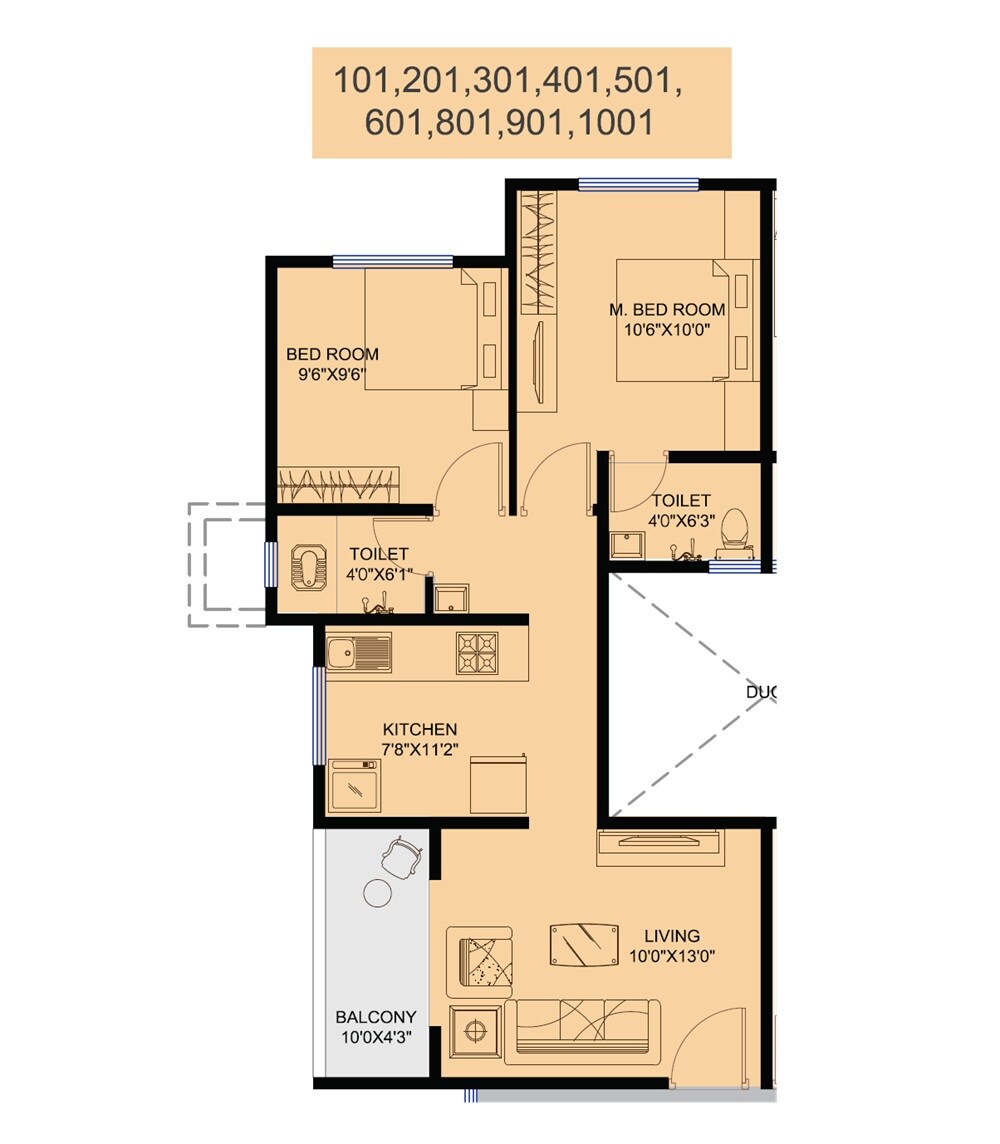 Floor plan of 2 BHK 567 Sq. Ft. Apartment in Gurudatta Gulmohar City, Pune