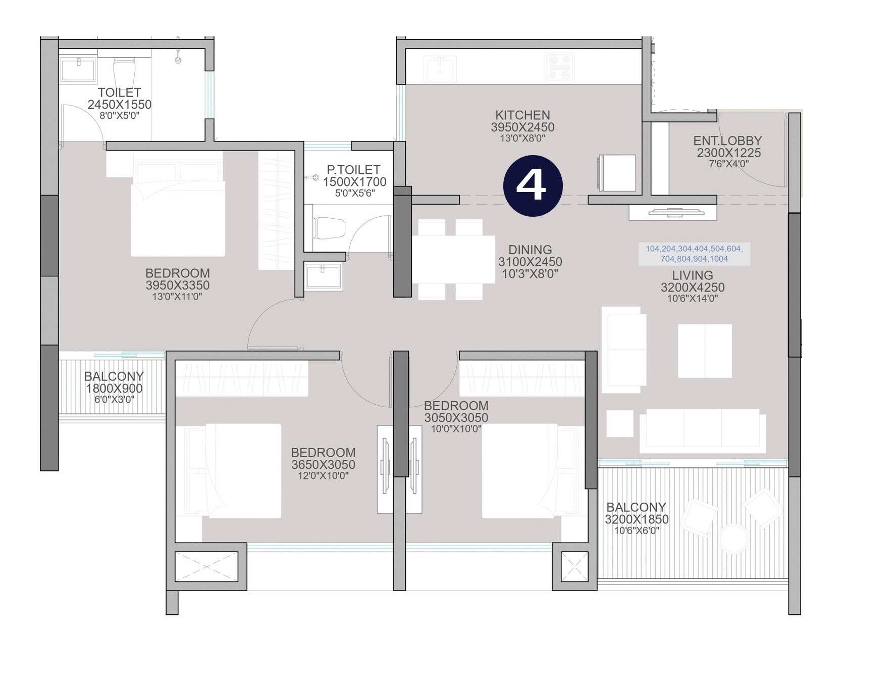 3 BHK 801 Sq. Ft. Apartment