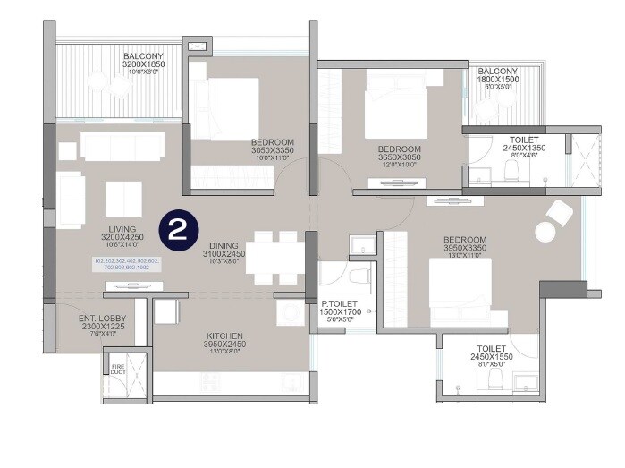 3 BHK 855 Sq. Ft. Apartment