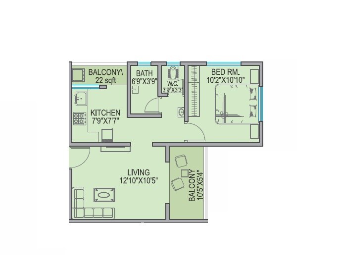 Floor plan of 1 BHK 399 Sq. Ft. Apartment in Gurukrupa Primerose, Pune