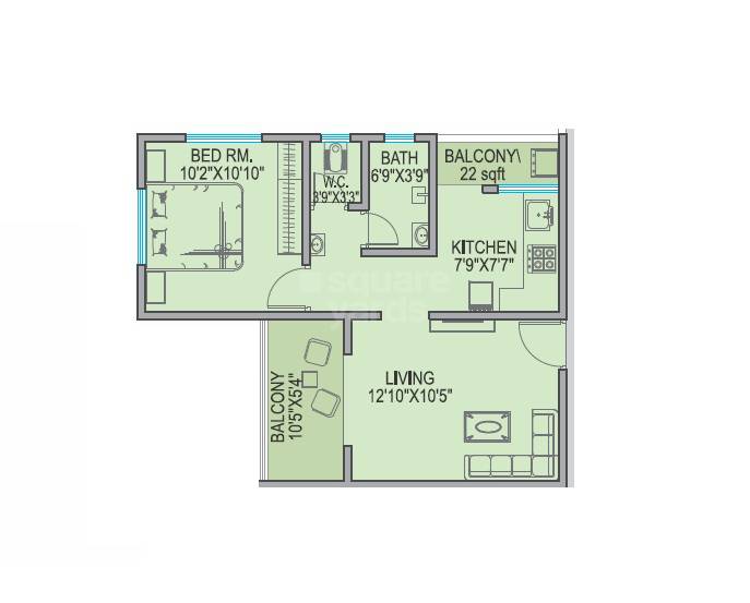 Floor plan of 1 BHK 420 Sq. Ft. Apartment in Gurukrupa Primerose, Pune